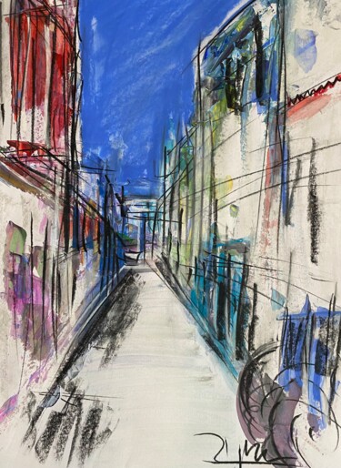 Painting titled "Rue sur une île le…" by Regine Blot, Original Artwork, Acrylic Mounted on Wood Panel