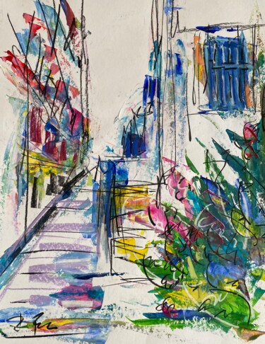 Painting titled "Ruelle blanche avec…" by Regine Blot, Original Artwork, Acrylic Mounted on Wood Panel
