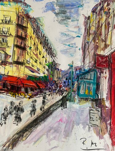 Painting titled "Rue au centre" by Regine Blot, Original Artwork, Acrylic Mounted on Wood Panel
