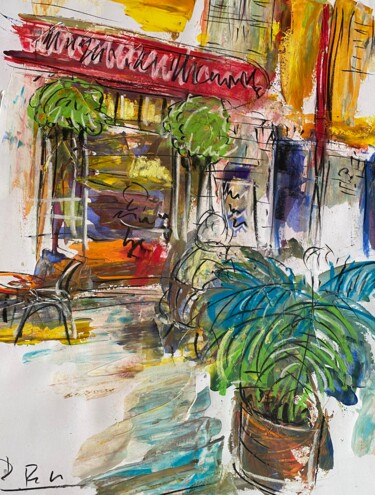 Malerei mit dem Titel "Café avec palmier" von Regine Blot, Original-Kunstwerk, Acryl Auf Holzplatte montiert