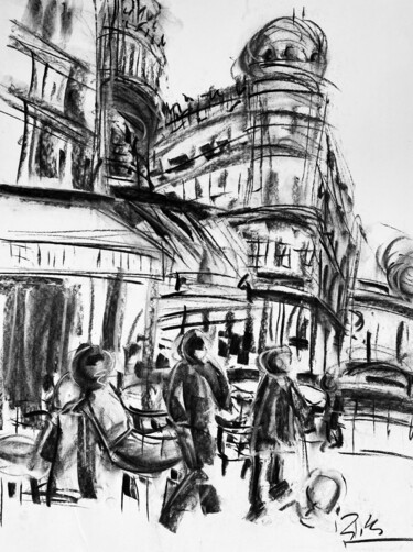 Drawing titled "Rue commercante" by Regine Blot, Original Artwork, Charcoal Mounted on Wood Panel