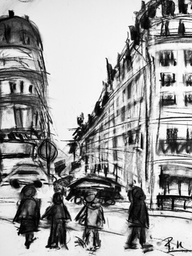 Drawing titled "Gens à un carrefour…" by Regine Blot, Original Artwork, Charcoal Mounted on Wood Panel
