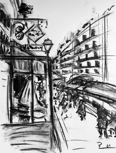Dessin intitulée "Sur le trottoir" par Regine Blot, Œuvre d'art originale, Fusain Monté sur Carton