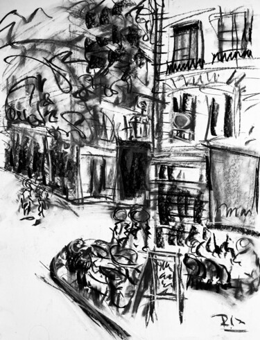 Drawing titled "Café au coin d'une…" by Regine Blot, Original Artwork, Charcoal Mounted on Wood Panel