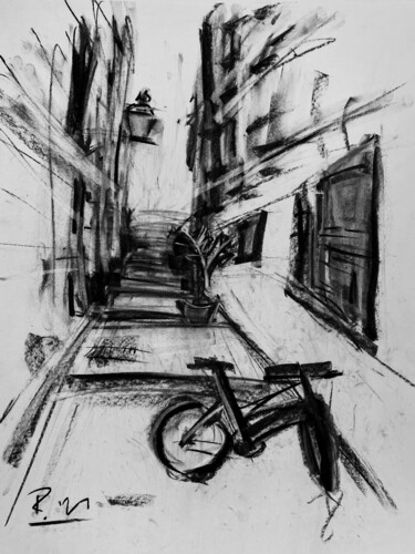 Dessin intitulée "Vélo dans une ruell…" par Regine Blot, Œuvre d'art originale, Fusain Monté sur Panneau de bois