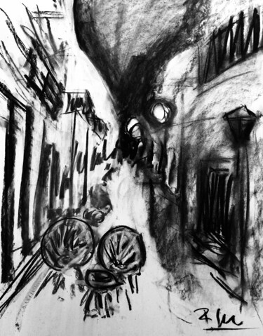 Dessin intitulée "Ruelle dans la nuit" par Regine Blot, Œuvre d'art originale, Fusain Monté sur Panneau de bois