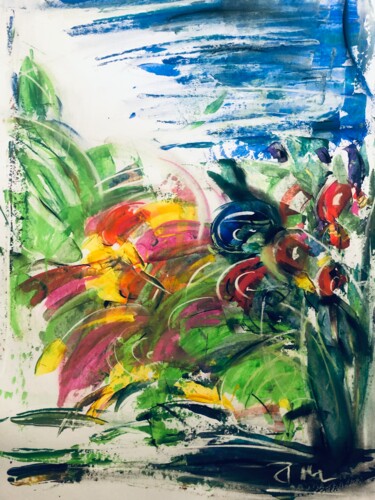 Pintura intitulada "Fleurs en plein sol…" por Regine Blot, Obras de arte originais, Acrílico Montado em Painel de madeira