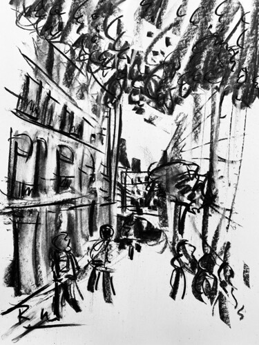 Drawing titled "Rue sous des feuill…" by Regine Blot, Original Artwork, Charcoal Mounted on Wood Panel