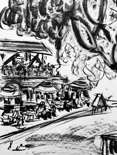 Рисунок под названием "Café sous un arbre" - Regine Blot, Подлинное произведение искусства, Древесный уголь Установлен на Де…