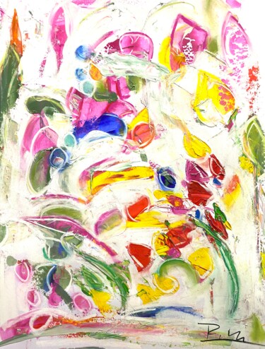 Peinture intitulée "Fleurs emportées pa…" par Regine Blot, Œuvre d'art originale, Acrylique Monté sur Panneau de bois