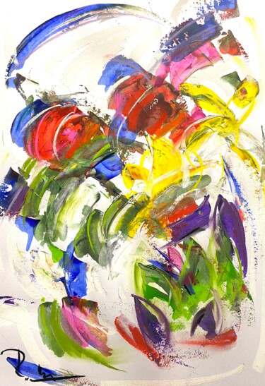 Painting titled "Fleurs avec un jet…" by Regine Blot, Original Artwork, Acrylic Mounted on Wood Panel