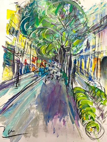 Картина под названием "Rue vide avec des v…" - Regine Blot, Подлинное произведение искусства, Акрил Установлен на Деревянная…