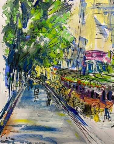 Картина под названием "Café dans une rue a…" - Regine Blot, Подлинное произведение искусства, Акрил Установлен на Деревянная…