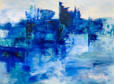 Painting titled "Blue Downton" by Régine Desage, Original Artwork, Acrylic Mounted on Wood Stretcher frame