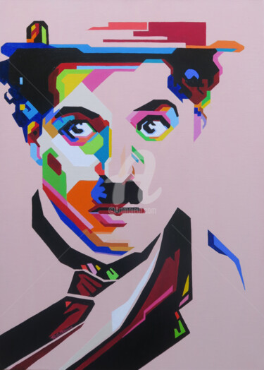 Painting titled "CHARLIE CHAPLIN (Gr…" by Régine Guthmann, Original Artwork, Acrylic Mounted on Wood Stretcher frame