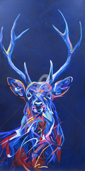 Painting titled "LE CERF EN COULEURS" by Régine Guthmann, Original Artwork, Acrylic Mounted on Wood Stretcher frame