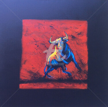 Painting titled "TORO IN COLORS" by Régine Guthmann, Original Artwork, Acrylic Mounted on Wood Stretcher frame