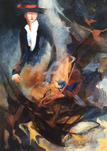 Painting titled "LA CAVALIERE DE L'O…" by Régine Guthmann, Original Artwork, Acrylic Mounted on Wood Stretcher frame