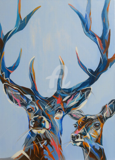 Peinture intitulée "MR ET MME (Le cerf…" par Régine Guthmann, Œuvre d'art originale, Acrylique
