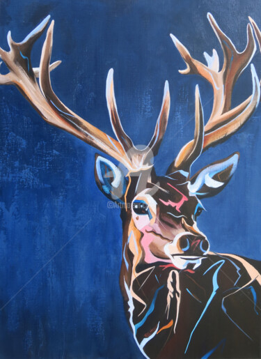Painting titled "LULU LE CERF" by Régine Guthmann, Original Artwork, Acrylic Mounted on Wood Stretcher frame