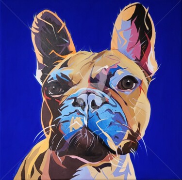 Painting titled "FRENCH BULLDOG" by Régine Guthmann, Original Artwork, Acrylic Mounted on Wood Stretcher frame