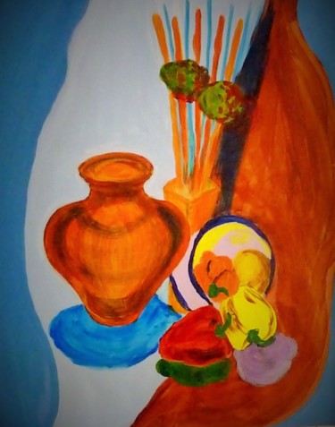 Painting titled "pots et poivrons" by Régine Ledanois, Original Artwork, Acrylic