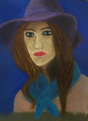 Dessin intitulée "jeune femme au chap…" par Régine Ledanois, Œuvre d'art originale, Pastel