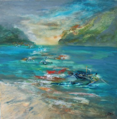 Painting titled "barques aux Philipp…" by Navema, Original Artwork, Acrylic Mounted on Wood Stretcher frame