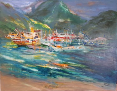 Painting titled "Retour des bateaux…" by Navema, Original Artwork, Acrylic Mounted on Wood Stretcher frame