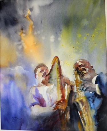 Pintura intitulada "Scène de jazz III" por Navema, Obras de arte originais, Aquarela