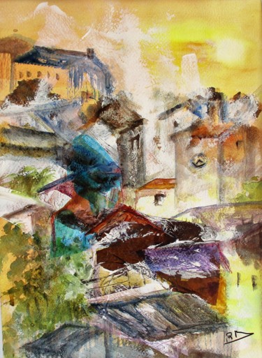 Peinture intitulée "Village" par Navema, Œuvre d'art originale, Aquarelle