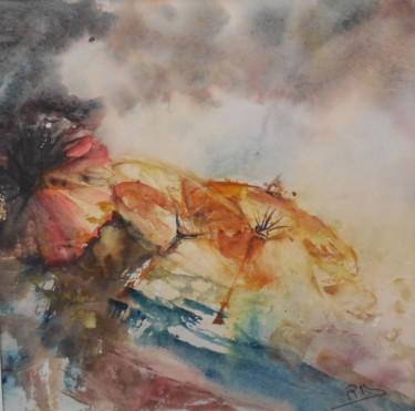 Painting titled "Les ombrelles II" by Navema, Original Artwork, Watercolor