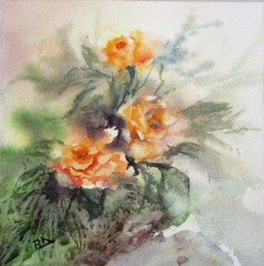 Painting titled "Roses jaunes" by Navema, Original Artwork, Watercolor