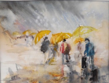 Peinture intitulée "Sous les parapluies" par Navema, Œuvre d'art originale, Aquarelle