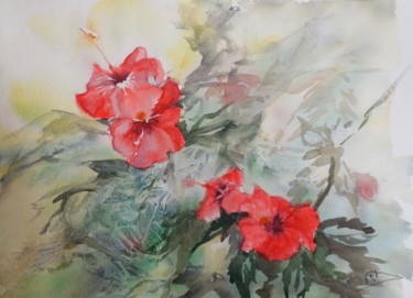 Painting titled "Les hibiscus" by Navema, Original Artwork, Watercolor