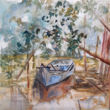 Schilderij getiteld "barque cambodge" door Navema, Origineel Kunstwerk, Aquarel