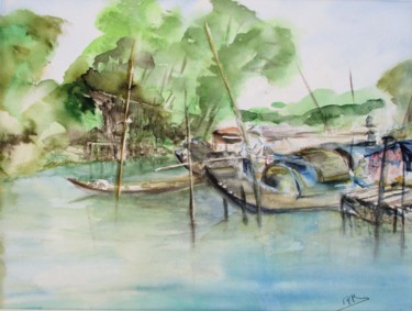 Pintura intitulada "barques sur le Méko…" por Navema, Obras de arte originais, Aquarela
