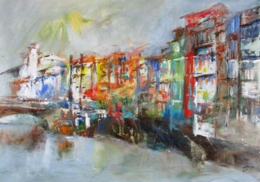 Painting titled "Castres ville d'eau" by Navema, Original Artwork, Acrylic Mounted on Wood Stretcher frame