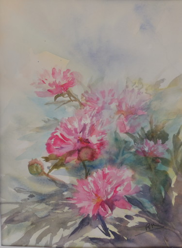 Painting titled "Les pivoines roses" by Navema, Original Artwork, Watercolor