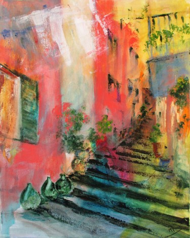 Painting titled "Rue de Monterosso" by Navema, Original Artwork, Acrylic Mounted on Wood Stretcher frame
