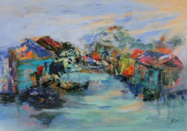 Painting titled "Village sur le lac…" by Navema, Original Artwork, Acrylic Mounted on Wood Stretcher frame