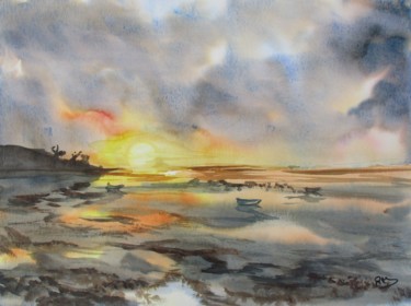 Peinture intitulée "coucher de soleil à…" par Navema, Œuvre d'art originale, Aquarelle