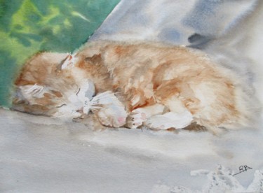 Painting titled "le chat endormi..." by Navema, Original Artwork, Watercolor