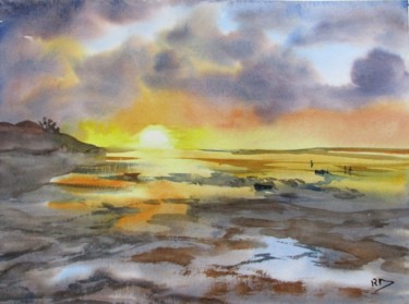 Painting titled "coucher de soleil V" by Navema, Original Artwork, Watercolor