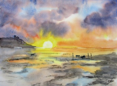 Painting titled "Plage romantique" by Navema, Original Artwork, Watercolor