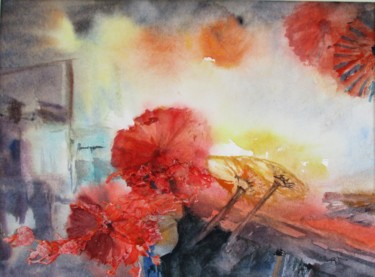 Painting titled "Atelier d'ombrelles" by Navema, Original Artwork, Watercolor Mounted on Other rigid panel