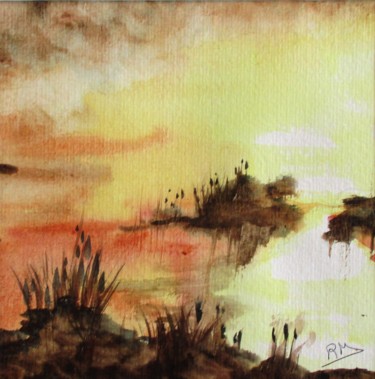 Pintura intitulada "coucher de soleil" por Navema, Obras de arte originais, Aquarela
