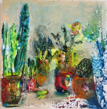 Painting titled "Pots et cactus" by Navema, Original Artwork, Acrylic Mounted on Wood Stretcher frame