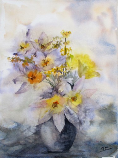 Painting titled "Bouquet printanier" by Navema, Original Artwork, Watercolor Mounted on Other rigid panel