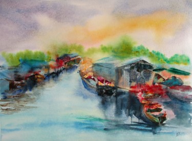 Peinture intitulée "Marché sur le lac t…" par Navema, Œuvre d'art originale, Aquarelle